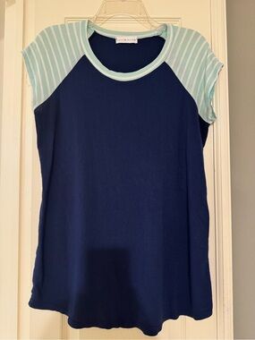 Coco & Main Rayon blend Navy Tee with Mint Stripe Cap Sleeves